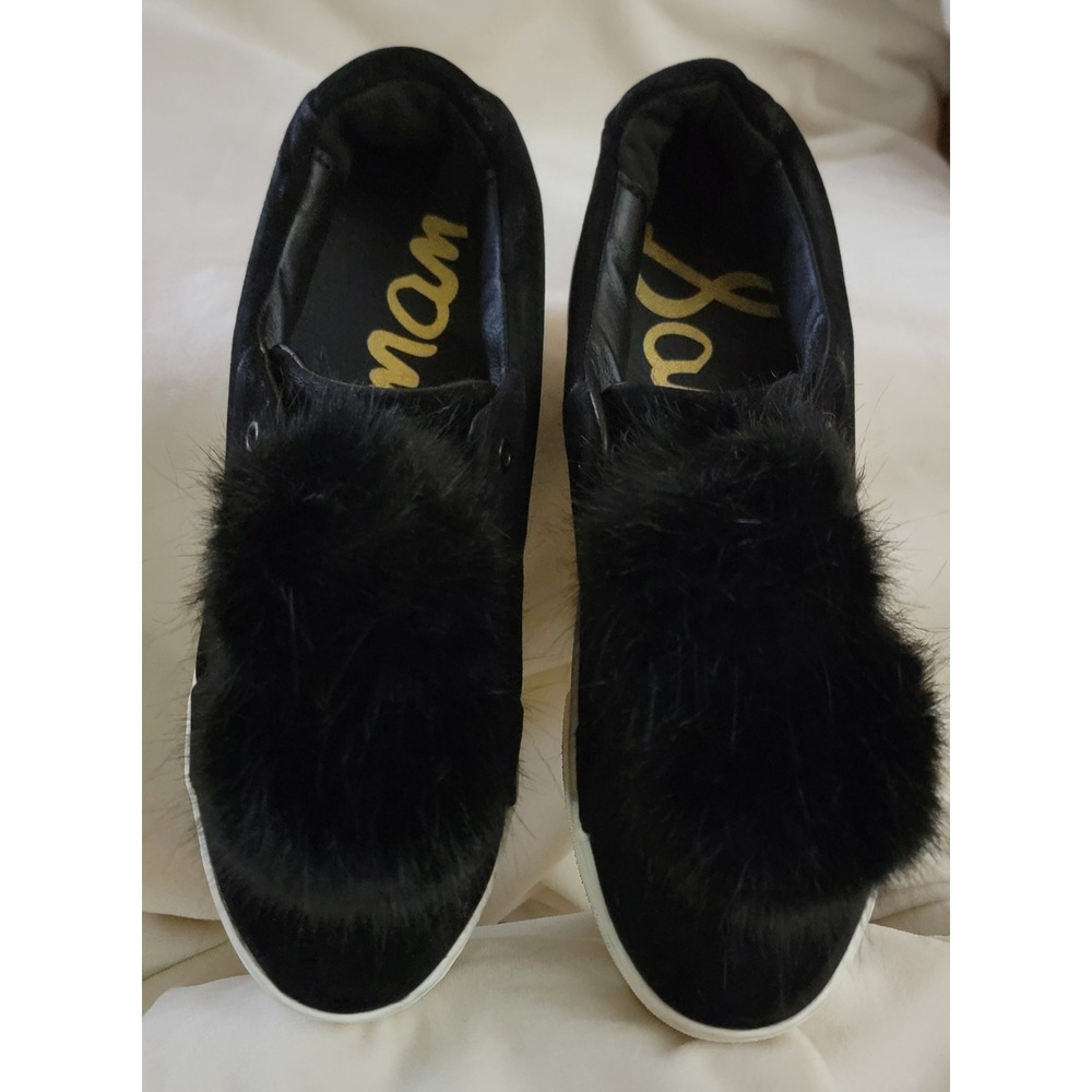 Sam Edelman Black Suede Slip‎ On Sneakers with Fur Pom Poms Women's Size 7m
